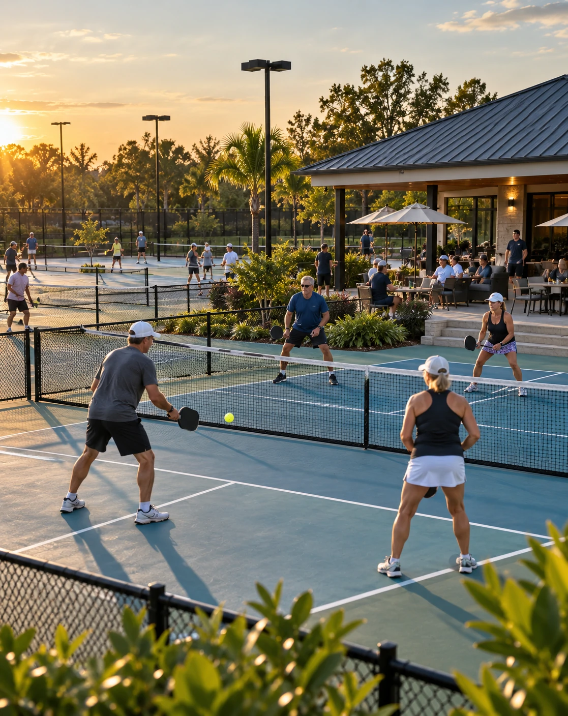 Members of a pickleball Club gathered around the courts at their facility