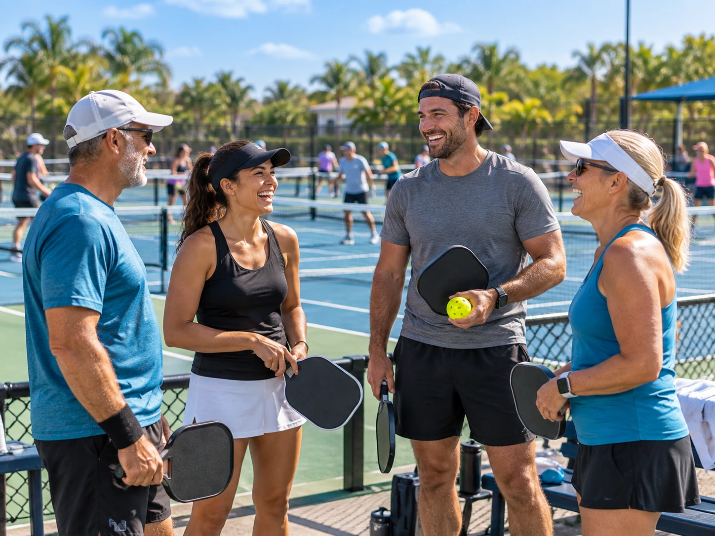A group of people playing pickleball together on an outdoor court