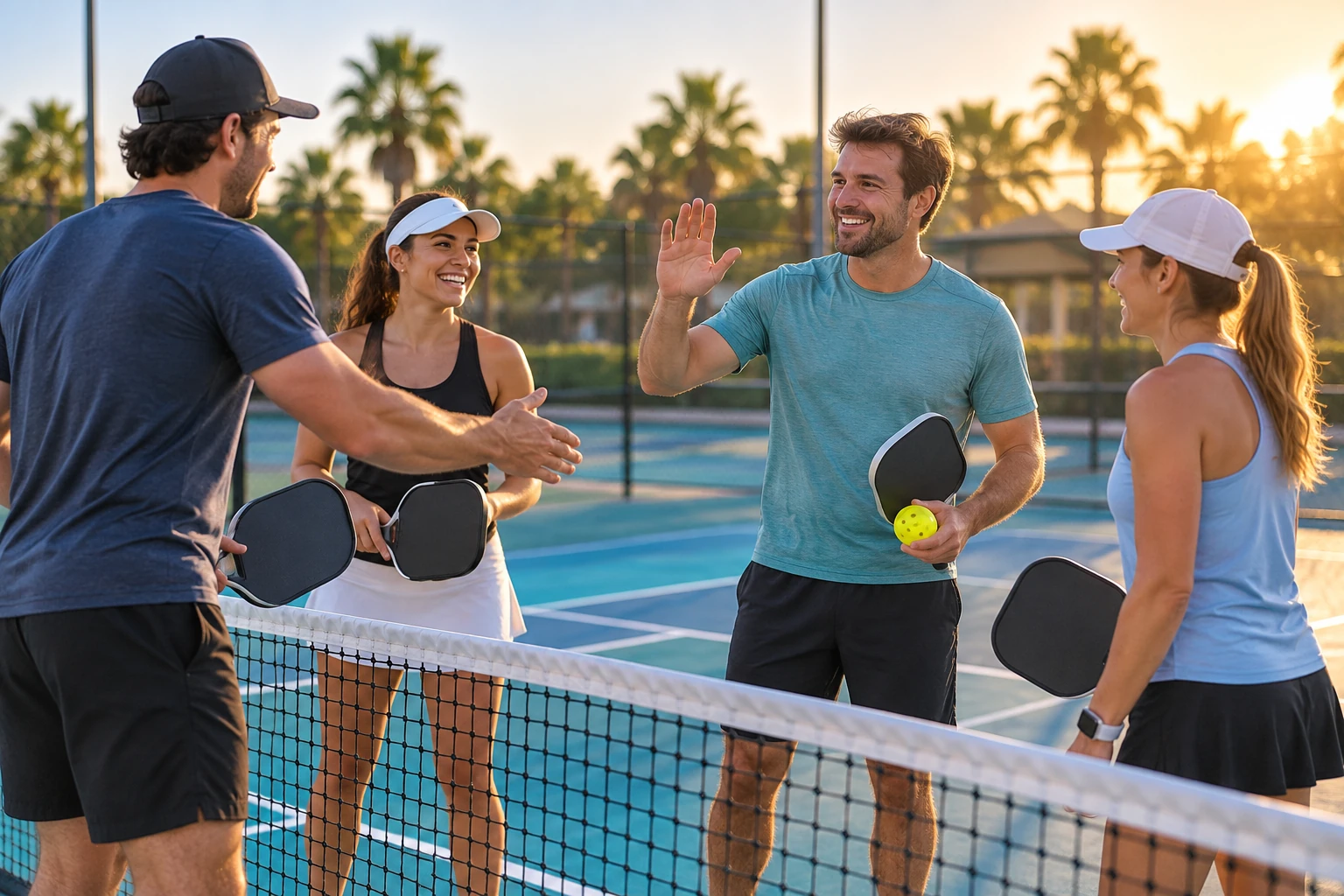 Pickleball players meeting at an outdoor court