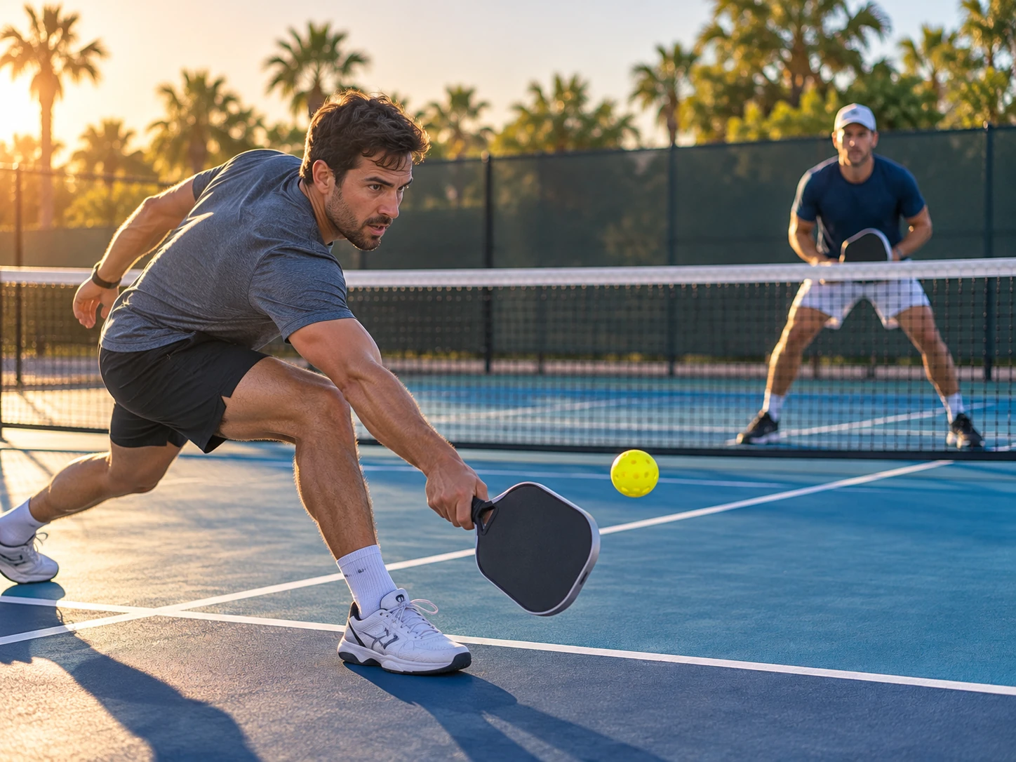 Players competing in a pickleball match on a blue court