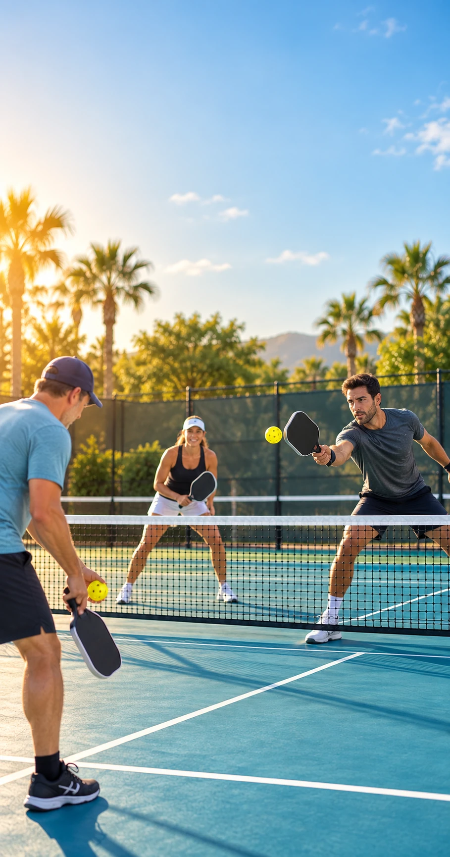 A pickleball player hitting a controlled shot at the kitchen line