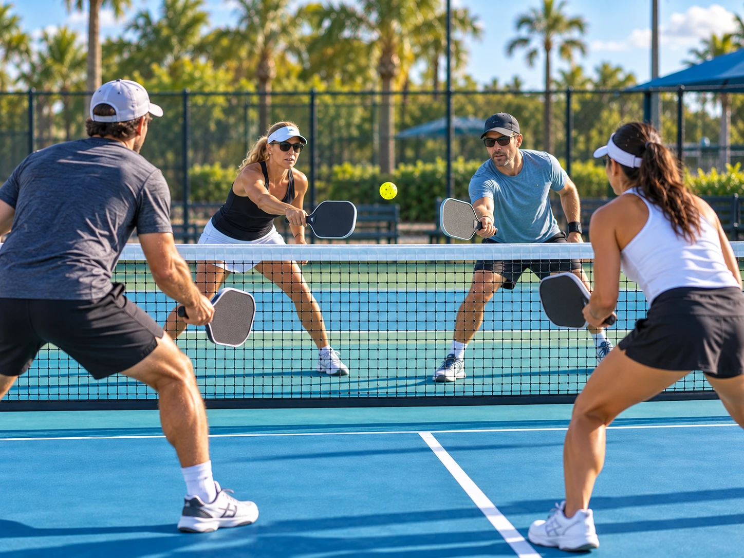 Players competing in a pickleball match on blue courts